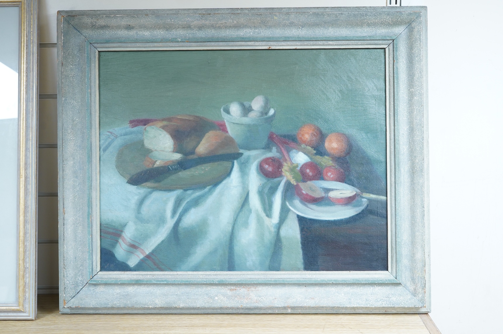John Woolf (20th. C), ‘Still life’, initialled, Royal Acedemy Exhibition 1956 inscribed tag verso, mid century oil on canvas, 42 x 54cm